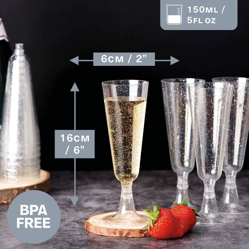 MATANA 50 Plastic Champagne Flutes 5oz with Silver Glitter - Sturdy & Reusable - Cocktails, Prosecco, Mimosa - Toasting Glasses for Birthdays, Weddings, Christmas, BBQ & Parties - Image 3